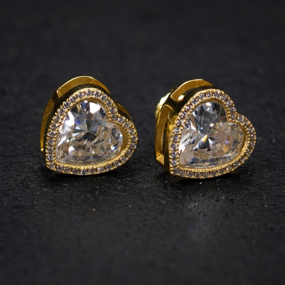 Yellow Gold 925 Sterling Silver Cz Heart Shaped Women's Stud Screw Back Earrings - Picture 5 of 5